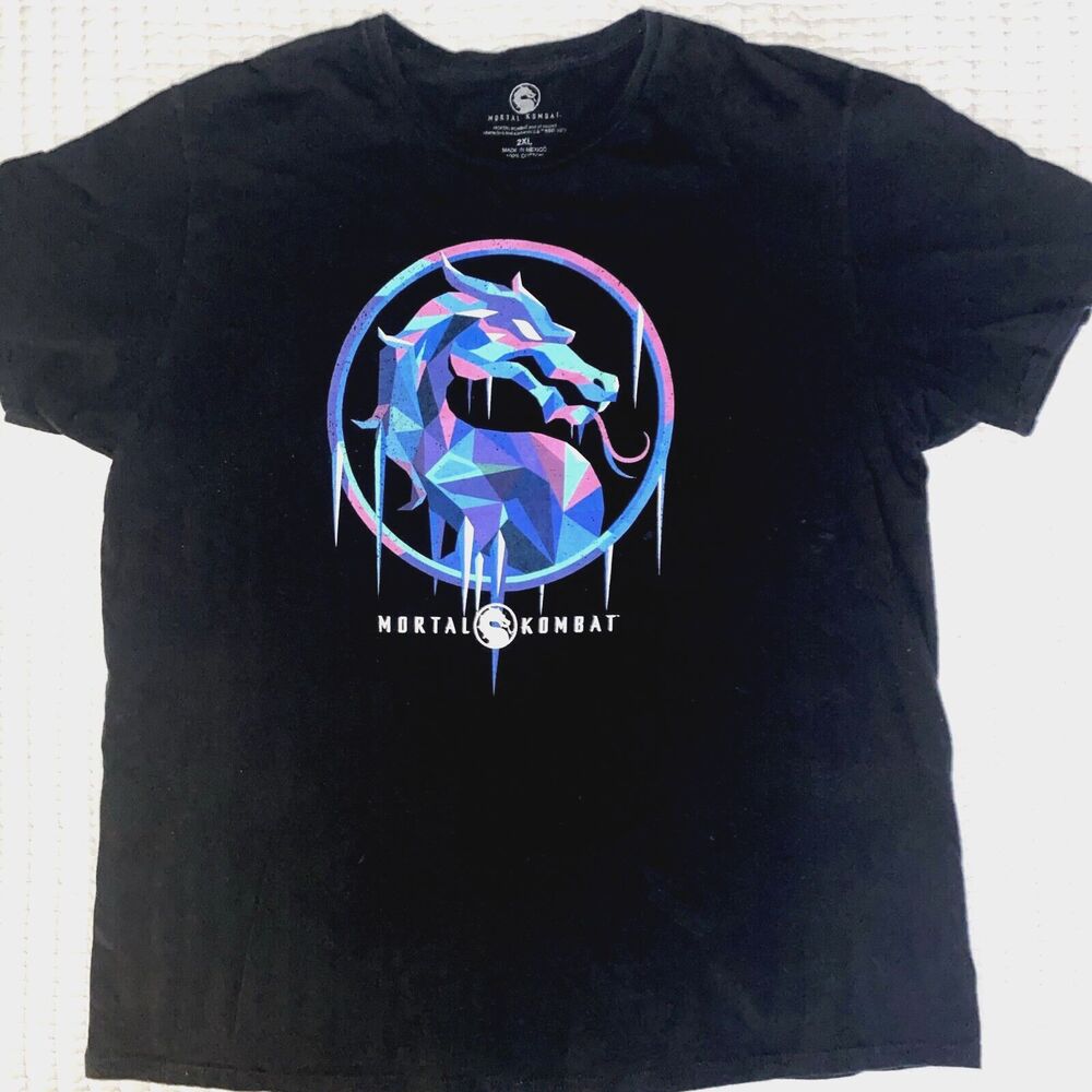 Mortal Kombat Video Game Frozen Dragon Logo Sub Zero Black Tshirt Size 2XL
